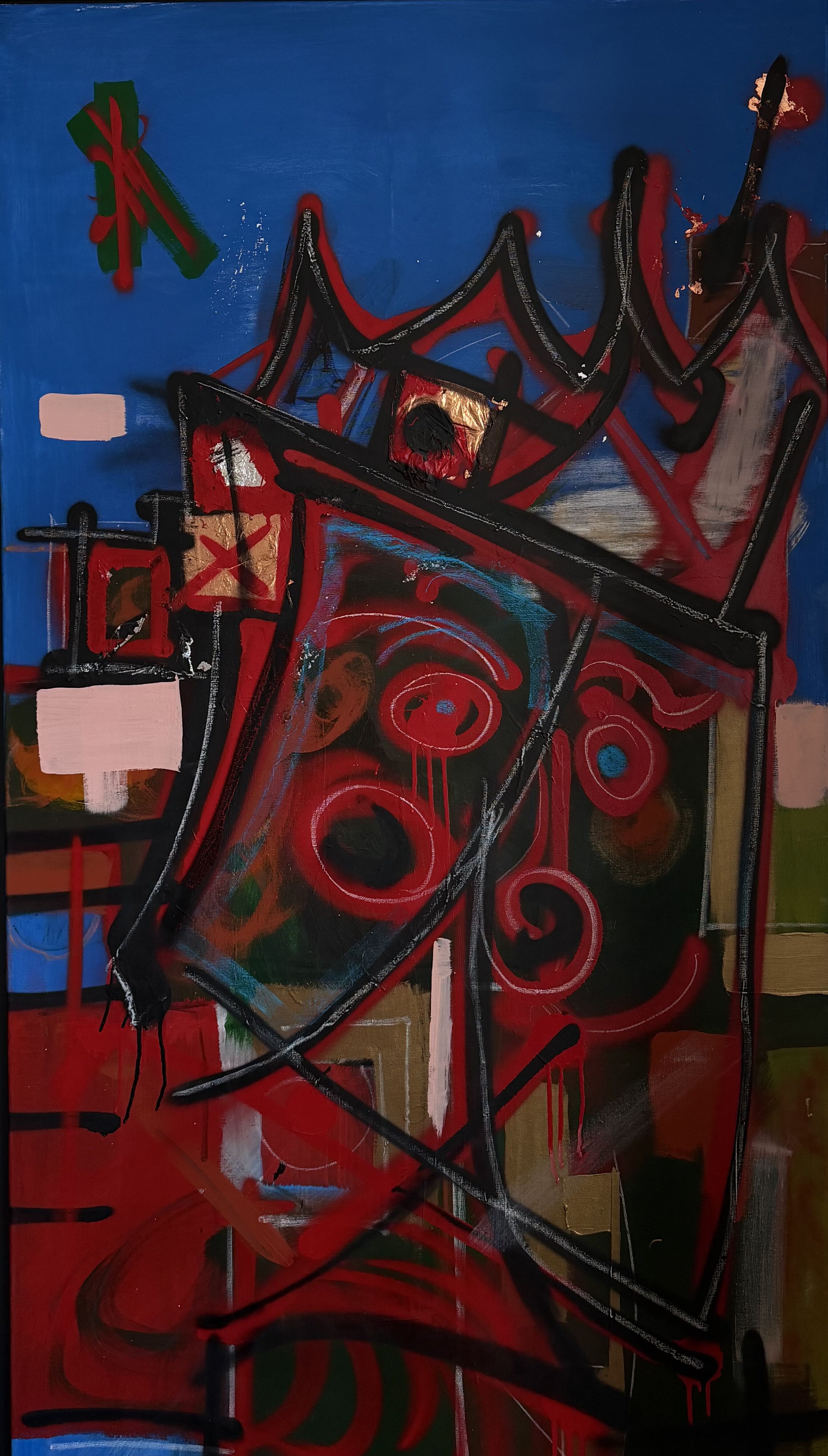 Coronation of noise: a black and red crowned structure with gold leaf, spirals and drips on a cobalt blue ground
