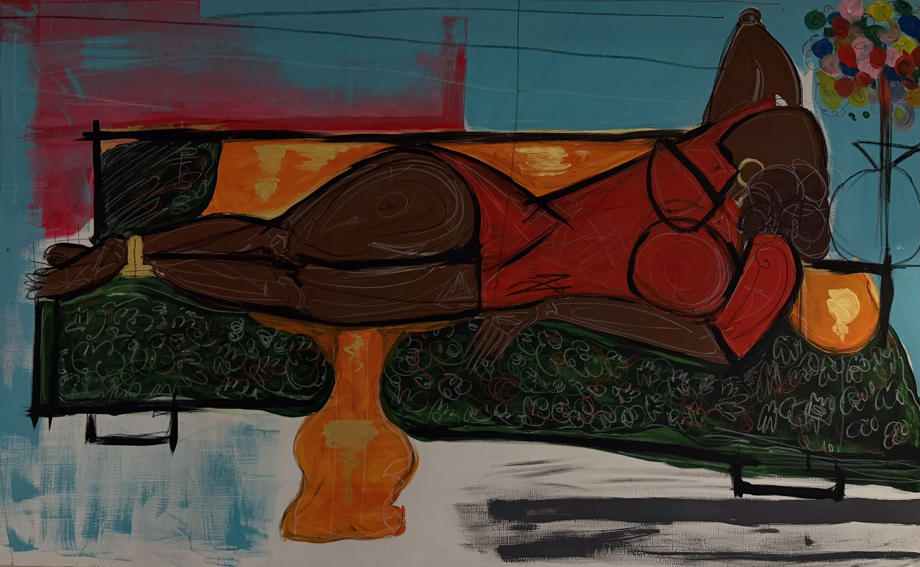 I told the flowers first: a woman in a red dress reclining on a green sofa, a bouquet of round flowers on a turquoise ground