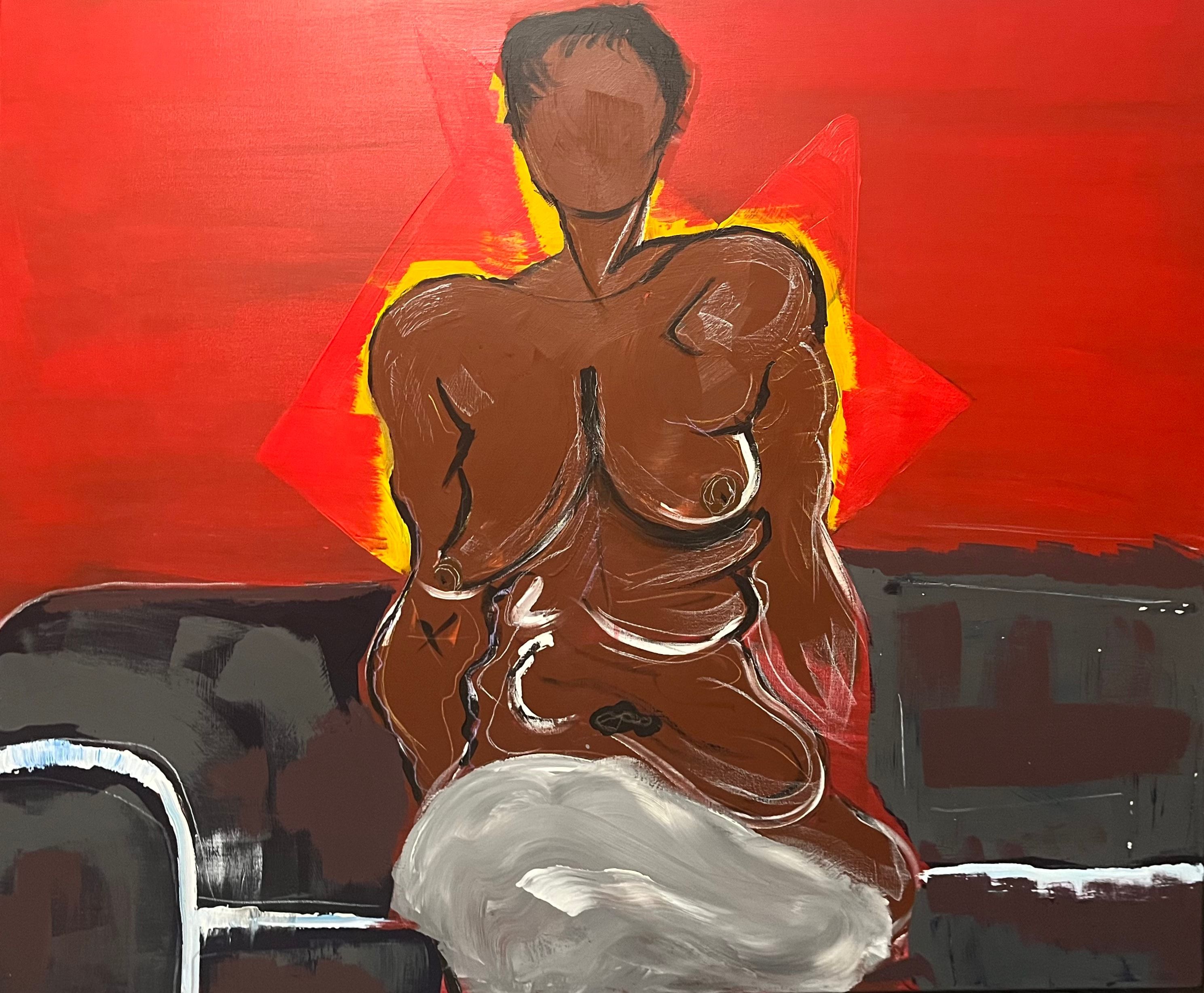 KABU: a faceless nude woman seated on a grey sofa before a red ground, a red and yellow star behind her and a white cloth across her lap