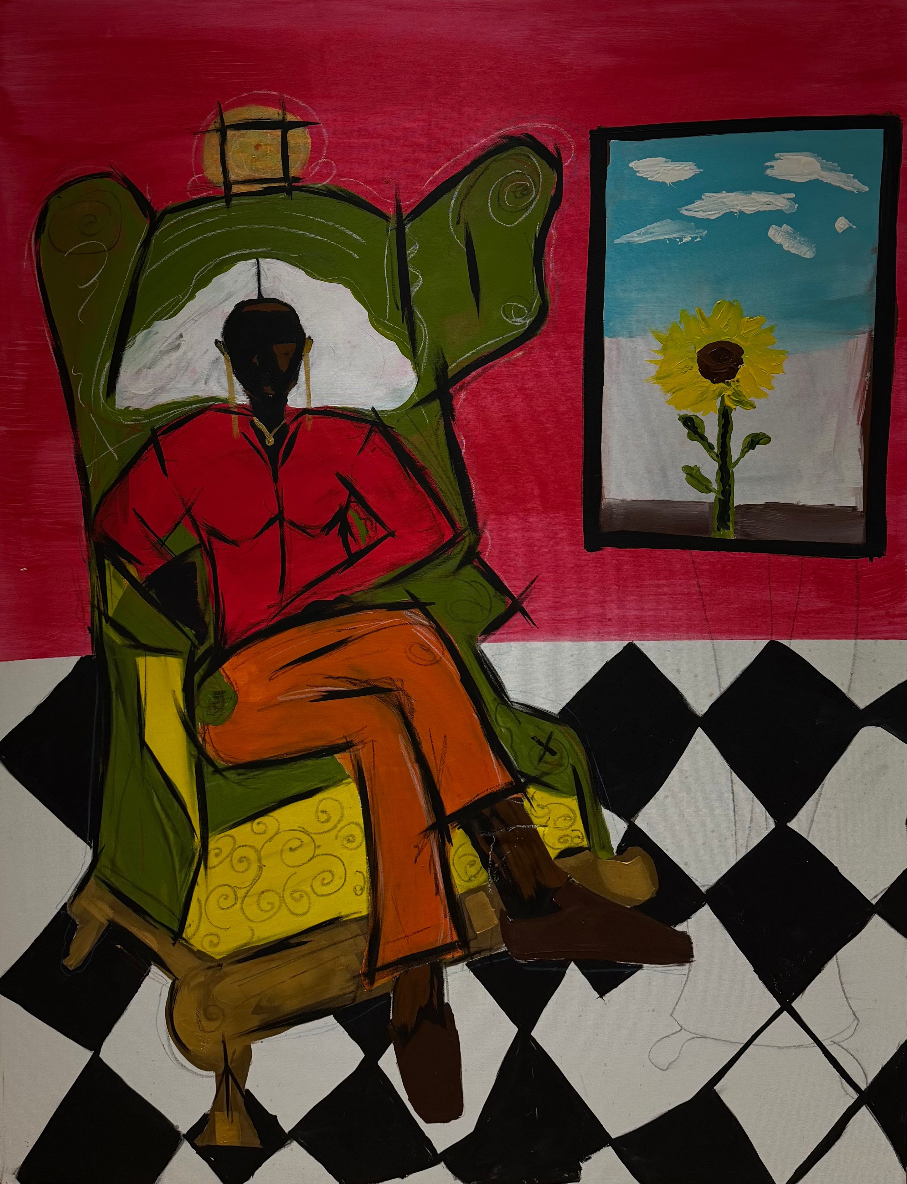 My sunflower: a man in a red shirt and orange trousers in a green armchair, a sunflower picture on a magenta wall, a checkered floor