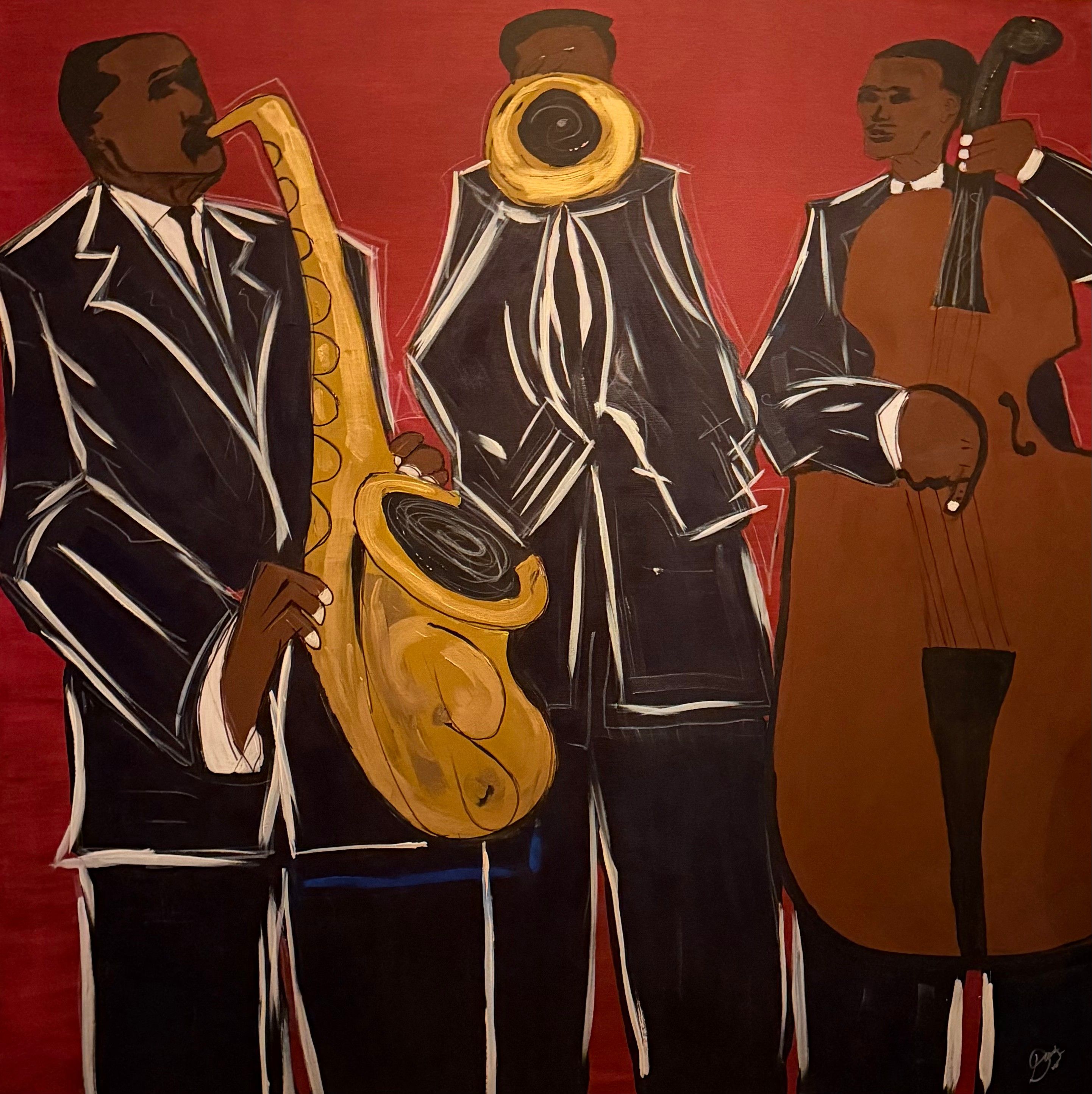 “The Crimson Trio” is a stylised painting of three dark-skinned jazz musicians against a rich crimson-red background. They wear black suits with white shirts and ties. Sharp, cream-white brushstrokes outline their broad shoulders, lapels, sleeves and trousers.

On the left, a musician plays a large golden saxophone, its curved bell sweeping towards the centre. The middle musician holds a brass instrument pointed directly at the viewer; its round golden bell hides most of his face. On the right, a bassist holds a tall, warm brown double bass, one hand gripping its neck and the other poised over