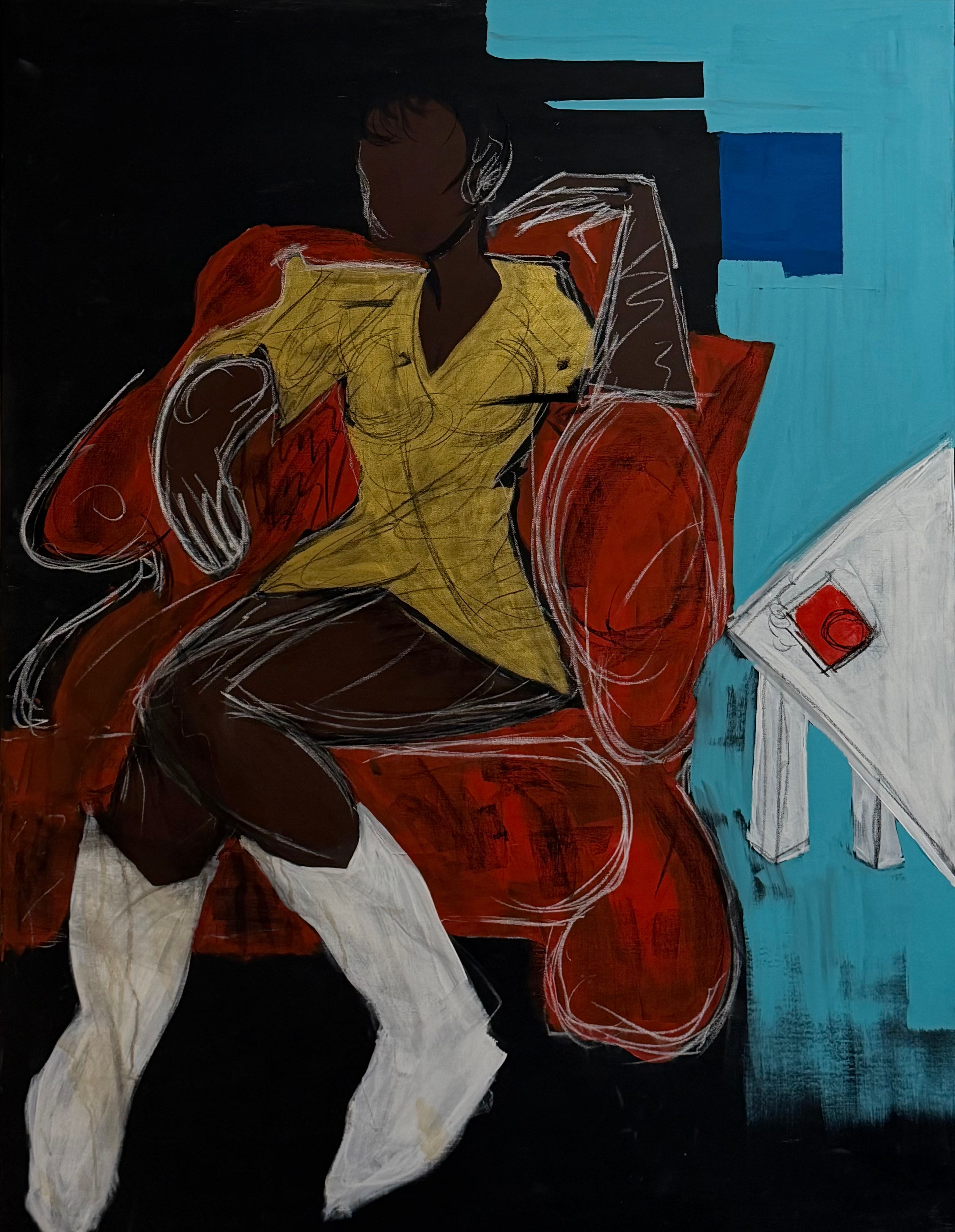 The empty conversation: a figure in a yellow top and white boots in a red armchair beside a white table, on a black and turquoise ground