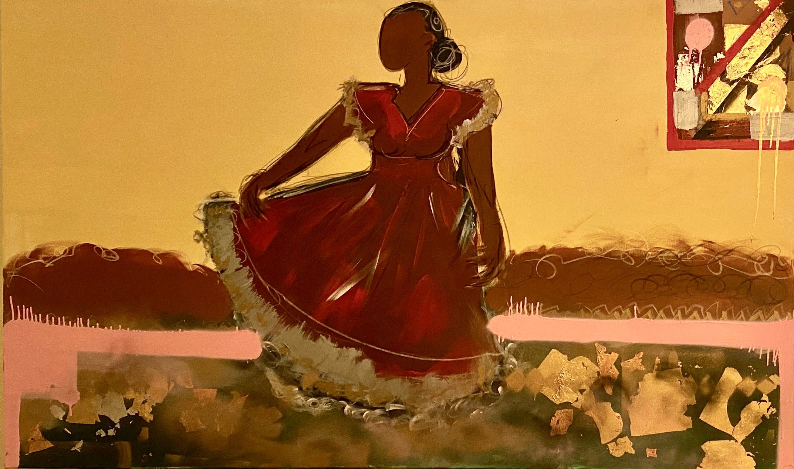 A painting of a woman in a flowing red dress with pale. textured trim. her face gas no defined features, and her dark hair is gathered in a bun. she lifts one side her skirt against a warm yellow background. loose lines suggest fields behind he. while pink bands and scattered gold shapes resembling flowers fill the foreground. a small abstract rectangle appears in the upper right corner.