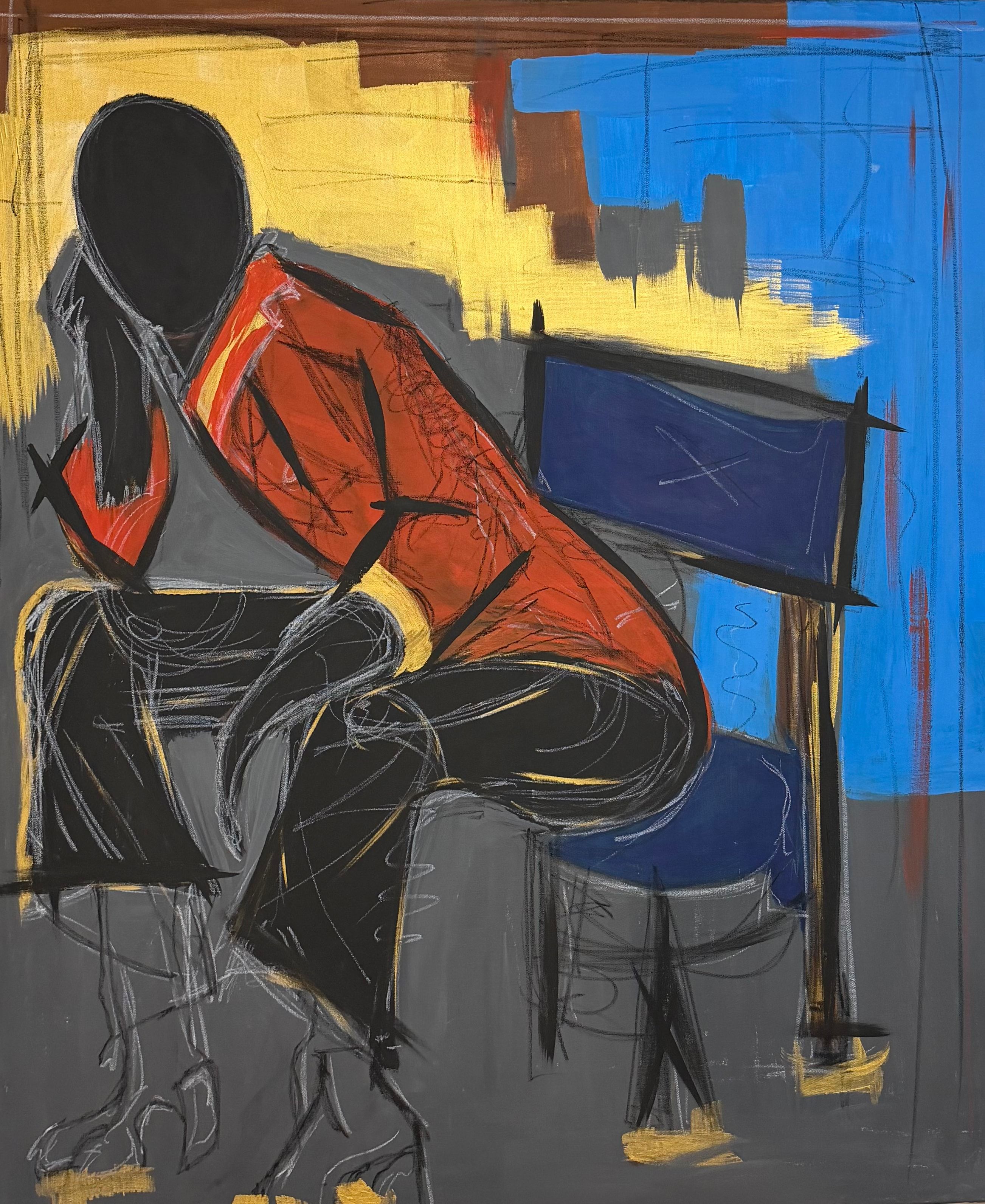 The shape of fatigue: a faceless figure in a red jacket slumped forward on a chair beside a blue chair, gold and blue behind