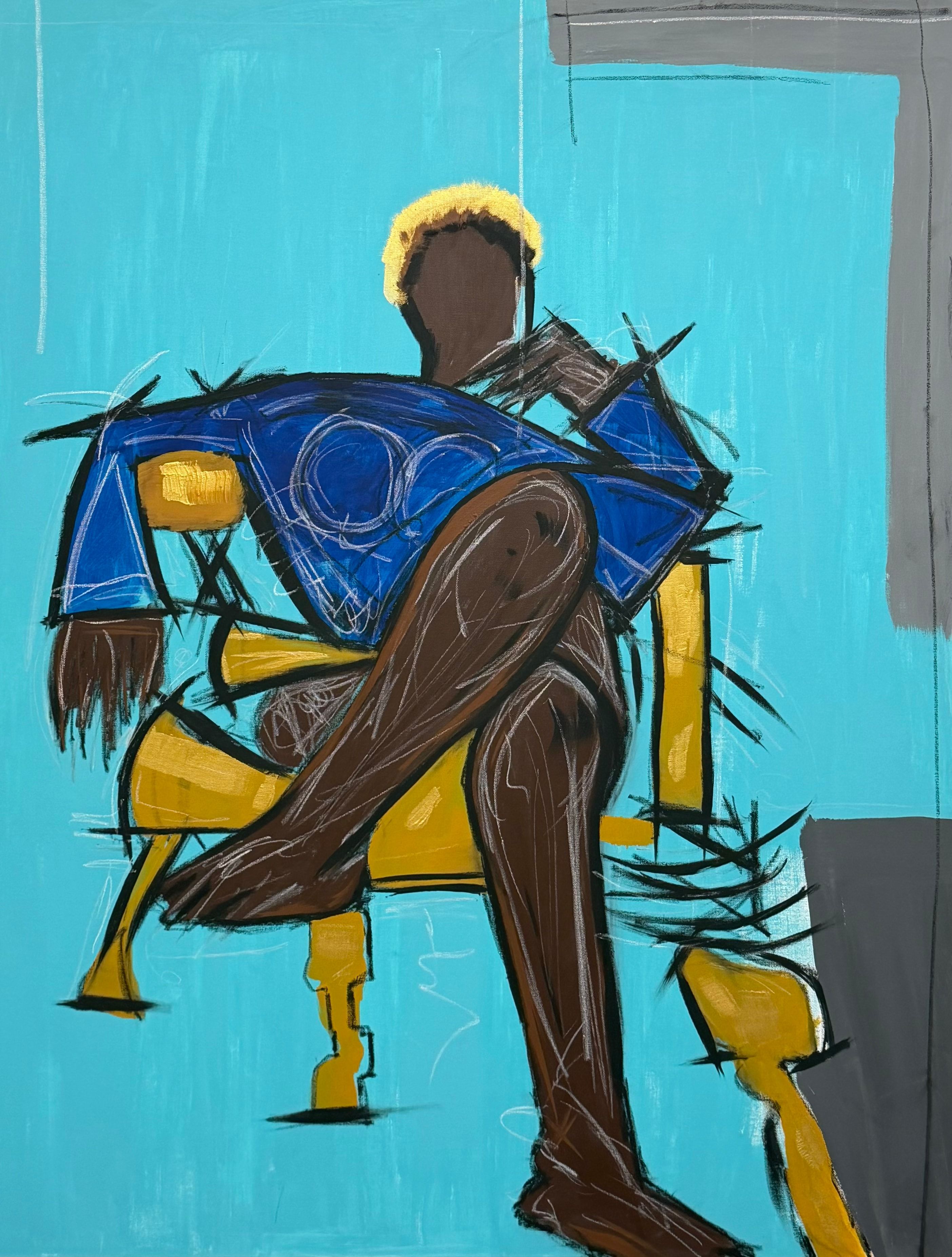 The unoriginal sin: a man with yellow hair and a blue shirt sitting cross-legged on a gold chair, on a turquoise ground