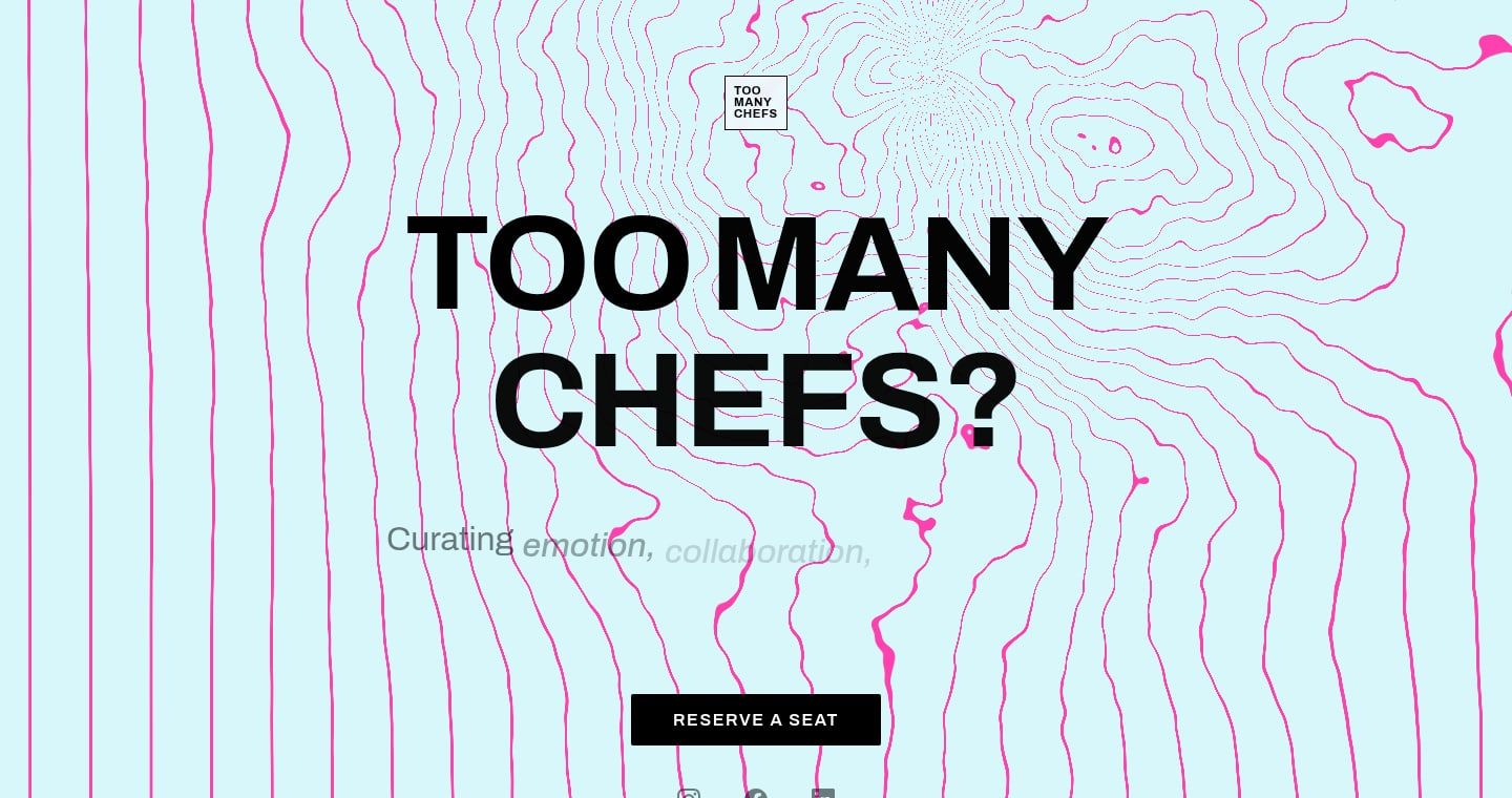 The Too Many Chefs? symposium title over pink contour lines on a pale blue ground