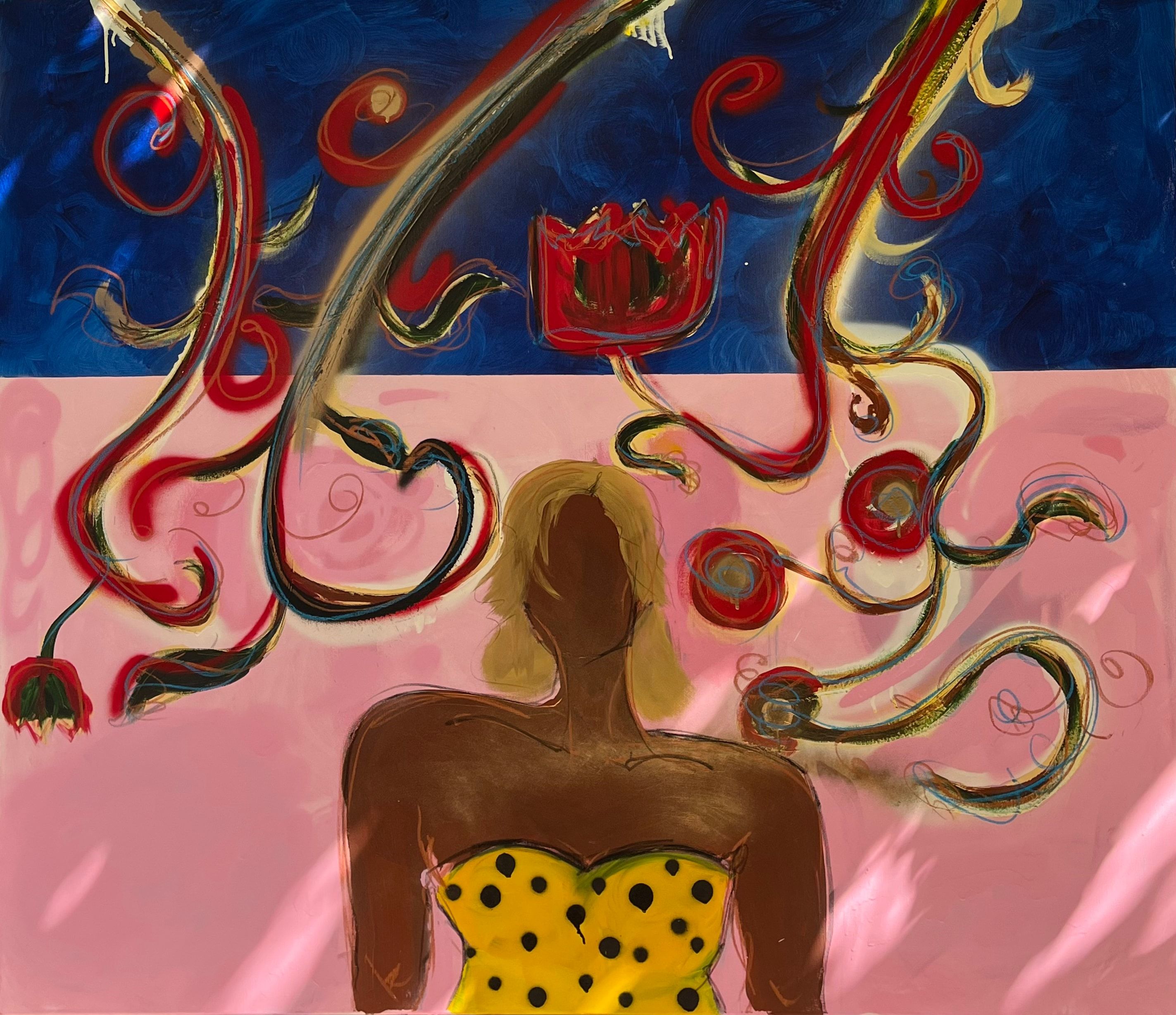 Where flowers learn my name: a woman seen from behind in a yellow polka-dot top, under red and gold tendrils and flowers, a navy band over a pink ground